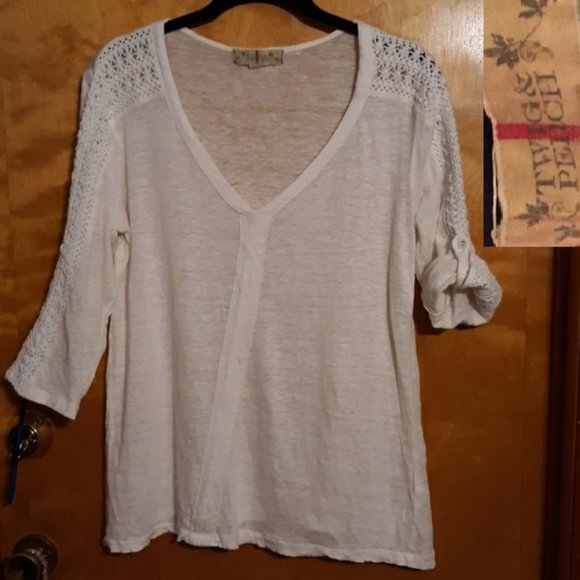 ⏰️Linen top w/crochet & roll sleeves - Picture 1 of 10